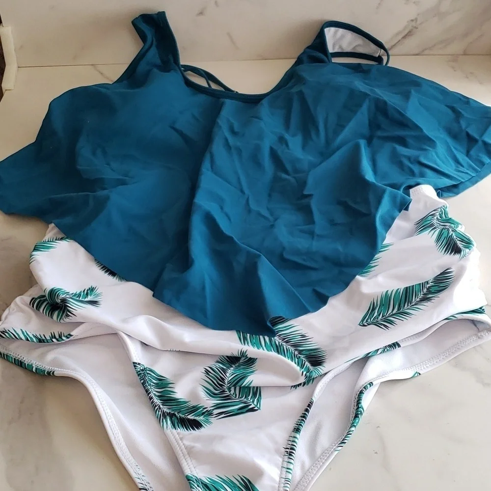 SouqFone Ruffled Flounce Top High Waisted Bikini Set in Blue Green Leaf Size L